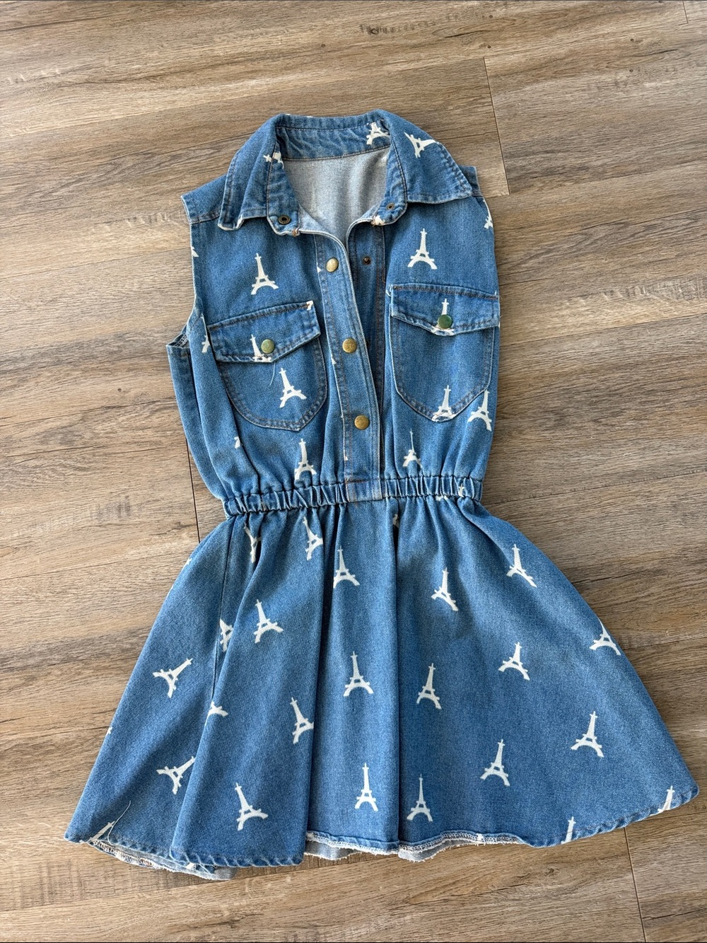 Vintage Y2K Blue Denim Eiffel Tower Print Dress Vest